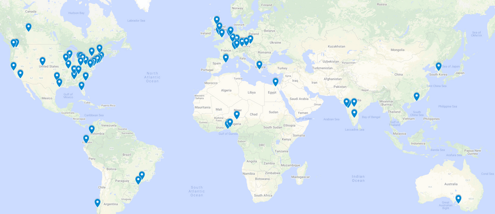 Global map with markers for all clinical locations